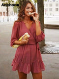2021 Summer Women Ruffles Lace Chiffon Dress Boho Mini Beach Dress Three Quarter Sleeve Ladies Party Dresses