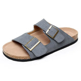 Summer New Men's Cow Suede Leather Mule Clogs Slippers High Quality Soft Cork Two Buckle Slides Footwear For