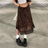 2000s Aestheti Midi Skirts Cute Womens Floral Print Y2K Kawaii Clothes High Waist Vintage Autumn Skirt 90s