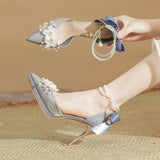 Flower Bow Pearl Chain Waterproof Platform Heel Heels Not Tired Wedding Shoes High