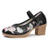 Breakj Heel Square With Women's Shoes A Word Buckle Shallow Spring And Summer New Embroidered Cloth Shoes With Horse Face Skirt High Heel Embroidered