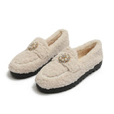 Lambswool Moccasins women warm plush winter shoes woman espadrilles comfy fleeces loafers crystal pearl fur flats plus