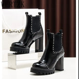 Women's Fashion Boots High Heels Solid Black Rivet Anckle Boots For Ladies Lace Up Zipper Elegant Round Toe Female Short
