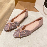 Spring Lace Bowknot Flats Women Glitter Crystal&Beads Ballets Shoes Ladies Pointed Toe Loafers Dress Slip On Moccasins