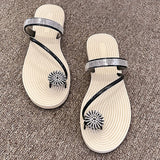 Summer Women Beach Slippers Shiny Rhinestone Flower Clip Toe Sandals Outdoor Slip On Casual Flats Flip-Flops Zapatos
