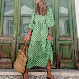 Summer Women New Fashion Casual Patchwork Printed Puff Sleeves Long Dress Elegant Slim V Neck Streetwear Elegant