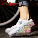 Flat Sneakers Lace up Colorful Graffiti Platform Female PU Flats Fashion Ladies Walking Vulcanized Shoes 2021 Spring