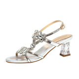 Women Wear Diamond Sandals In The Summer Of 2024, New Leather Diamond-Encrusted Flowers, Rough-Heeled Roman Shoes, Crystal High