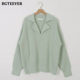 Elegant Turn-Down Collar Loose Women Sweaters Full Sleeve Solid Female Knitted Pullovers 2021 Autumn Winter