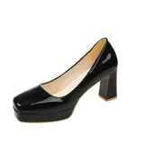 Size Square Head High Heels Fashion Waterproof Platform Women's Fashion Cover Foot Bright Skin Thick Heel Work Single
