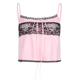 Lace Pink Aesthetic 90s Sleeveless Crop Top Women Tie Up Frill Ruffles Cami Tops Tees Ladies Streetwear