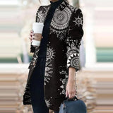 Winter New Fashion Women Stand Collar Print Jackets Casual Long Sleeves Elegant Office Lady Cardigan Slim Buttons