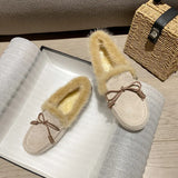 Bowtie Fur Mocasines Women Mink Hair Boots Winter Plush Warm Flats Genuine Leather Loafers Femmes Shearling Cotton