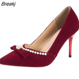 Red Velvet Pearls Pumps Woman Sexy Pointed Toe Thin High Heels Party Wedding Shoes Women Spring 2023 Zapatos