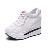 White Shoes Breathable Mesh Chunky Platform Sneakers Summer Ladies Lace Floral Hollow Out Wedge Heels Casual Footwear