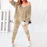 Velvet Tracksuits Women Sexy V Neck Pullover Sweatshirt And Harem Pants Two Piece Sets Loose Elegant Ladies