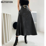 Chic High Waist Sashes Belted Women PU Leather Skirts Autumn Winter Stylish Loose Midi Female Faux PU Skirts