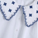 Women Embroidery Sailor Collar White Shirt Female Puff Sleeve Blouse Casual Lady Loose Tops Blusas