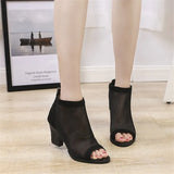 Women Boots Mesh Suede Ankle Boots Lace 2019 Summer Boots Zapatos Chaussures Femme Zipper Square High Heel Leopard Women