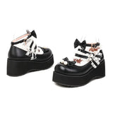 Women Fashion Wedges High Heel Bow Buckle Strap Platform Round Toe Cosplay Lolita Mary Janes Shoes Sweet Strap Bow Hairball