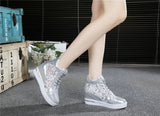 Women Wedge Platform Sneakers Rubber Brogue Leather High heels Lace Up Shoes Pointed Toe Height Increasing Creepers White