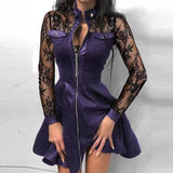 Stand Collar Print Zipper Long Sleeves Mini Dress Casual Autumn Winter Fashion Pocket Pu Leather Dress Elegant Slim