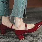 2023 New Women's Mary Janes Shoes High Quality Leather Low Heel Dress Shoes Square Toe Shallow Buckle Strap Women's