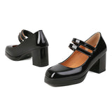 EDEELVEEYS Patent Leather Womens Chunky 7cm High Heel Hook Loop Ankle Strap Pumps Platform Lolita Vintage Dress Shoes Big