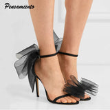 style Fashion Lace Big bowknot Women Sandals 10cm Thin High heels Ankle strap Gladiator Sandals Summer Party Prom