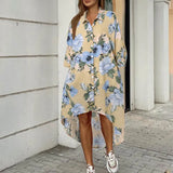 Women Turn-down Collar Flower Print Casual Shirt Dress Fashion Summer Half Sleeves Buttons Cardigan Irregular Elegant