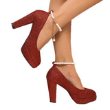 Breakj Temperament Waterproof Table Coarse Heel New Mary Jane Shoes Wedding Shoes Bridal Shoes Square Pearl Brighte High