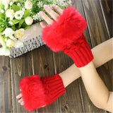 Half Finger Woolen Winter Gloves Women Knitted Warm Mittens Long Imitation Rabbit Hair Lovely Fur
