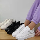 Women New Autumn Pu Leather Lace-Up Sneakers Solid Thick Sole Platform Skateboard Shoes Metal Chain Casual Vulcanized