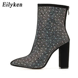 2022 Fashion Sexy Banquet Women's Boots Thick with Square Head Shiny Rhinestones Thin Nightclub High Heel