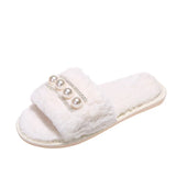 Hairy Slippers Pearl Fashion Flat Slippers Women's Home Leisure Anti-Rabbit Cotton Slippers Big