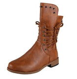 Mid Calf Boots Lace Up Boots Female Women Shoes Rivet Low Heels Zip Footwear Leather Women's Short Boots Plus Size