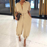 Leopard Print Jumpsuit Retro Summer Short Sleeve Lace-Up Playsuit Overalls Casual Button V-Neck Pocket Romper Bodysuit