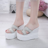 Platform Slippers Chunky Heels Sandals Women Beaded Beach Slippers Girls Slides Woman Designer Wedges Flat