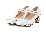 Women's Cute Lolita Cosplay Shoes T Strap Patent Leather Bow Mid Chunky High Heel Mary Jane Pumps Patchwork Striped