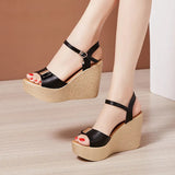 New High Slope Heel Sandals Women's Muffin Thick Bottom Waterproof Table One Word Buckle Gold Small Size 3233 Fish Mouth