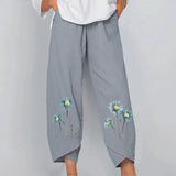 New Floral Print Cotton Linen Pants Fall Summer Loose Irregular Elastic Waist Wide Leg Pant Casual Elegant Pocket