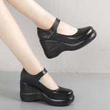 Breakj And Autumn Women's Shoes Thick Bottom Slope And Shallow Single Shoes High Heels Ladies Leather Shoes Magic Stick Round Head Loose Cake Middle-Naught Mother