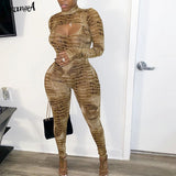 Puss Snake Print 2 Piece Set Women 2021 Fashion Casual Full Sleeve Crop Top+Jumpsuit Fitness Activewear Elastic