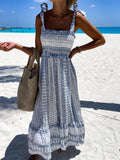 Women Sexy Printed Backless Ruffle Long Dress Summer Off Shoulder Tie-up Suspender Dress New Slash Neck High Waist Boho