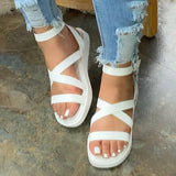 Platform Sandals Summer PU Leather Ankle Buckle Strap Flats Sandals Ladies Cross Casual Sandalies Female Beach Shoes
