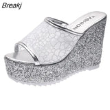 Golden Women House Slippers Summer Shoes Platform 4cm Outside Fitting-room 11cm High Heels Wedges Solid Mesh Female