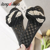 Striped Ribbon Cork Sandals Flat Non-Slip Flip Flop Home Shoes Casual Straw Beach Slipper Slipper Pearl Weaving