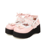 Women Fashion Wedges High Heel Bow Buckle Strap Platform Round Toe Cosplay Lolita Mary Janes Shoes Sweet Strap Bow Hairball