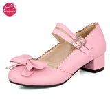 Japanese Sweet Lolita Pumps Maid Cosplay Princess Mary Jane Shoes Cute Bow Strap Buckle Plus Size 34-50 Black Pink