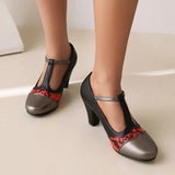 Retro Mary Janes Classsic Lolita Shoes Sexy Snake Pattern Stitching Patchwork T-Strap Buckle Round Toe High Kitten Heel